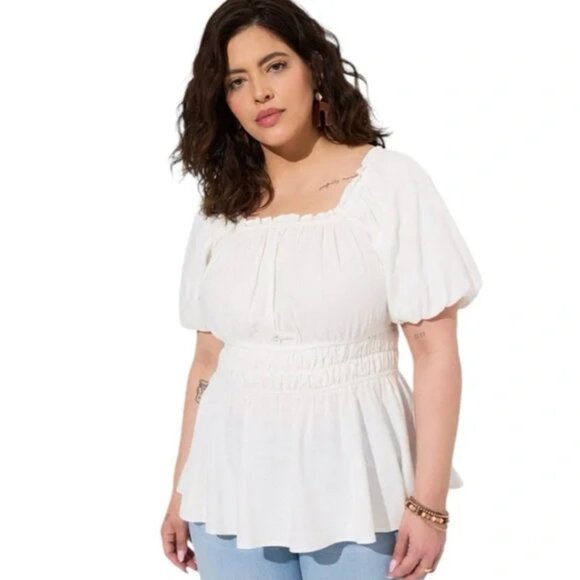 Torrid Linen Puff Sleeve Peasant Blouse Cream Ivory - Picture 1 of 4